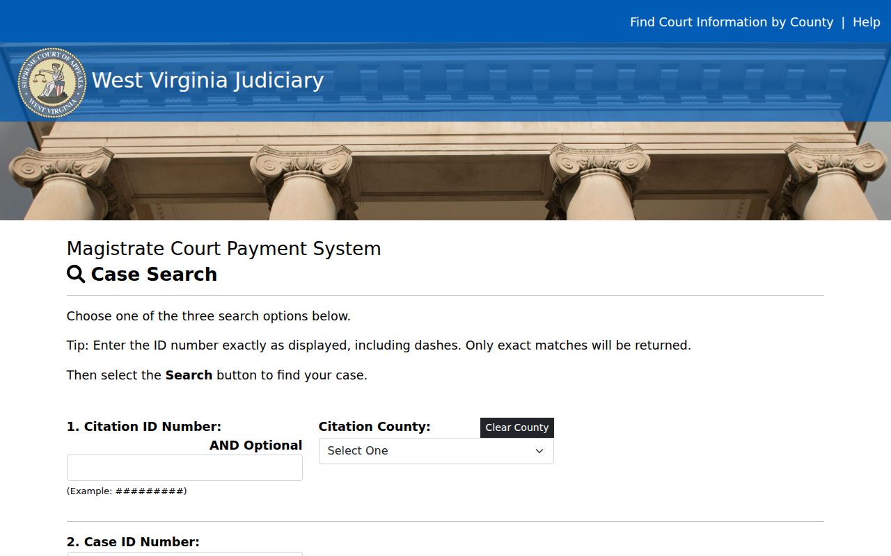 Calhoun County case lookup source showing citation and payment ID fields